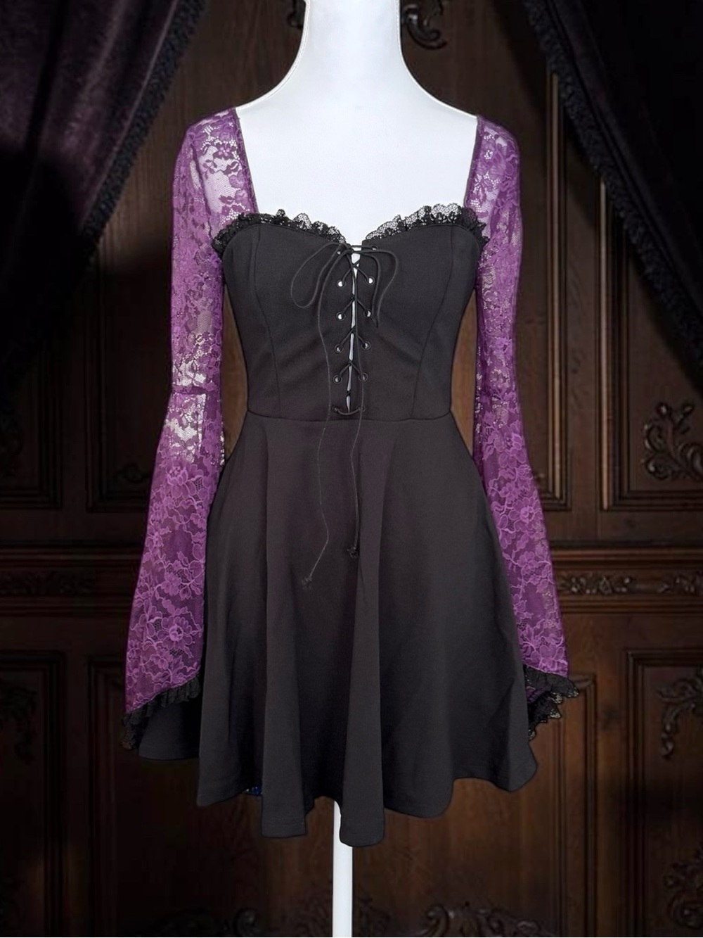 ROMWE Corset Dress Contrast Lace Flared Bell Sleeve Black Purple S Small 4 New